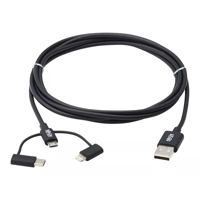 Eaton Tripp Lite Series universaali USB-A - Lightning, USB Micro-B ja USB-C sync-/latauskaapeli (M/3xM), MFi-sertifioitu, musta, 1,8 m