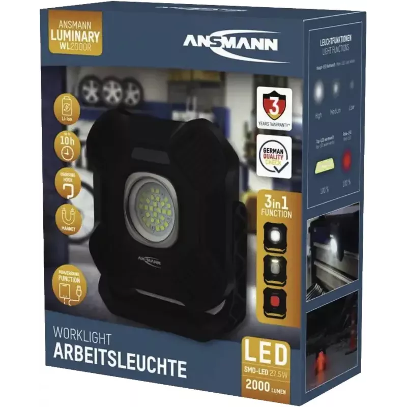 ANSMANN WL2000R ladattava LED-työvalaisin, musta, 20W, 2000lm, magneetilla, ripustuskoukulla, jalustalla - 1 kpl (1600-0755)
