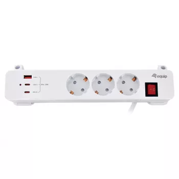 Equip jatkojohto CEE 7/7 90° 3x Schuko / 2x USB-C + USB-A, valkoinen, 1,5m