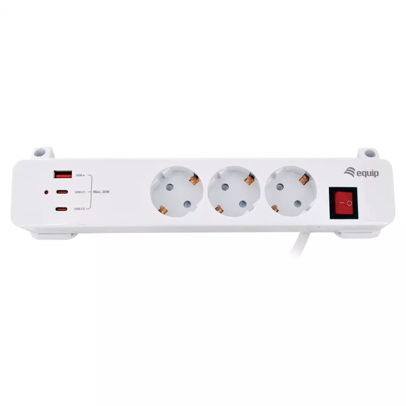 Equip jatkojohto CEE 7/7 90° 3x Schuko / 2x USB-C + USB-A, valkoinen, 1,5m