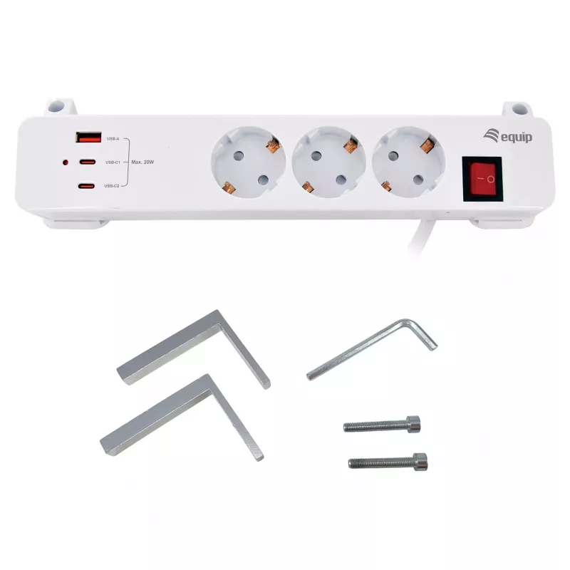 Equip jatkojohto CEE 7/7 90° 3x Schuko / 2x USB-C + USB-A, valkoinen, 1,5m