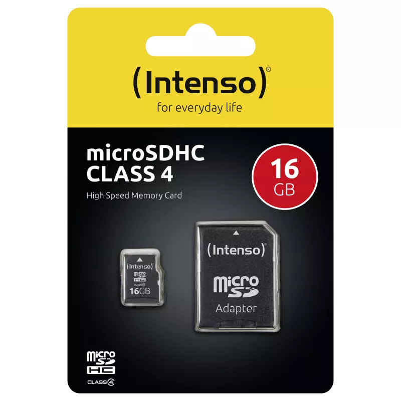 Intenso 16GB MicroSDHC Class 4 -muistikortti SD-sovittimella, jopa 21 MB/s lukunopeus, musta