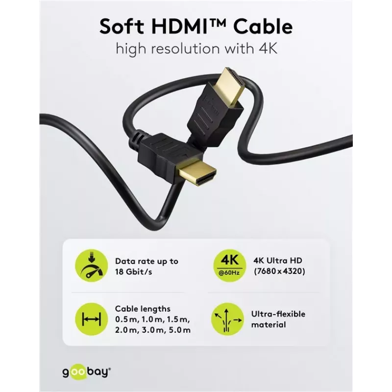 Goobay 80104 Soft HDMI High-Speed -kaapeli Ethernetillä, 3 m, musta