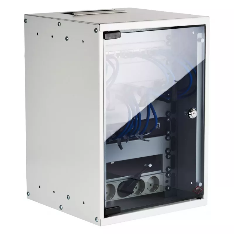 EFB 10 inch seinäkotelo 9U 300 mm syvyys vaaleanharmaa (RAL 7035) turvalasiluukulla