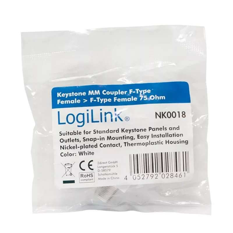 LogiLink Keystone in-line-liitin F naaras - F naaras 75 ohm valkoinen