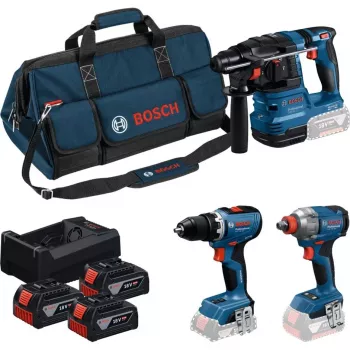 BOSCH Power Tools 18V Professional -yhdistelmäsarja: poravasara GBH 18V-22 + porakone GSR 18V-65 + mutterinväännin GDX 18V-285 (sininen/musta, 3x 5,0 Ah Li-Ion akut, työkalulaukku)