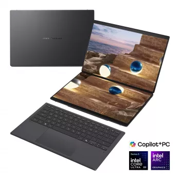 ASUS Zenbook Duo UX8407AA-SN066W 14 tuuman OLED-kosketusnäyttö 3K 144Hz kannettava, Intel Core Ultra 9 388H, 32GB LPDDR5X, 2TB SSD, Intel Arc Graphics, Windows 11 Home, Moher Gray