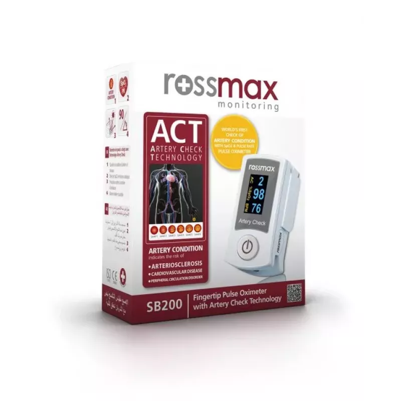 Rossmax SB200 pulssioksimetri sormiklipsillä ja Artery Check Technology -tekniikalla