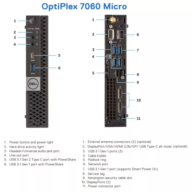 DELL kunnostettu Grade A OptiPlex 7060 Micro Intel Core i5-8500T 16GB RAM 128GB SSD Intel UHD Graphics 630 Windows 11 Pro