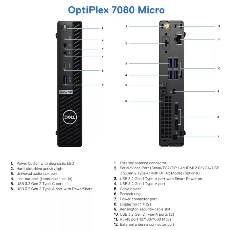 DELL kunnostettu Grade A OptiPlex 7080 Micro Intel Core i5-10500T 16GB RAM 256GB SSD Intel UHD Graphics 630 Windows 11 Pro