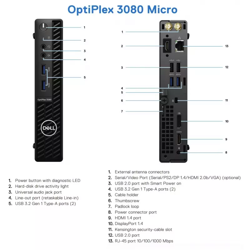 DELL kunnostettu Grade A OptiPlex 3080 Micro Intel Core i5-10500T 8GB RAM 256GB SSD Intel UHD Graphics 630 Windows 11 Pro