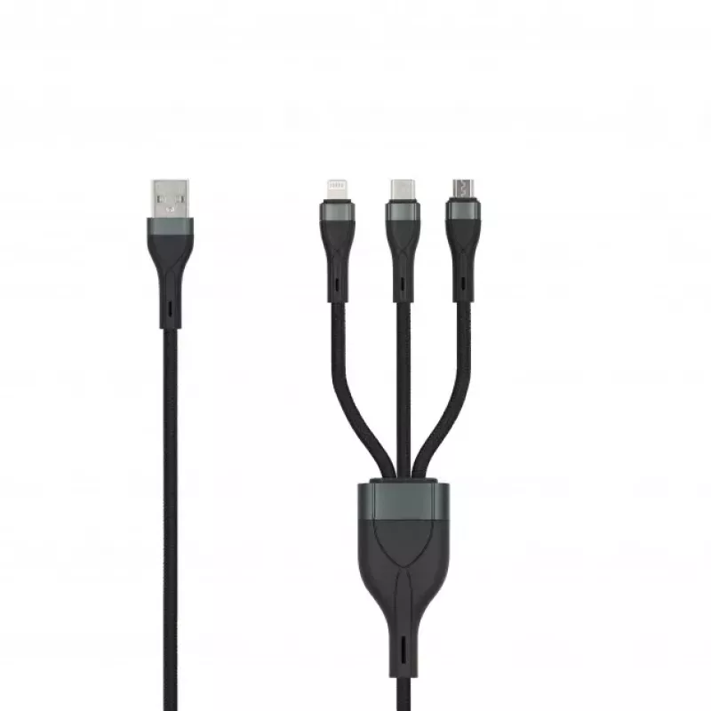 SEEK TOTI USB-A - Micro-USB / USB-C / Lightning 1,5m punottu kaapeli 2A (Non-MFI) musta