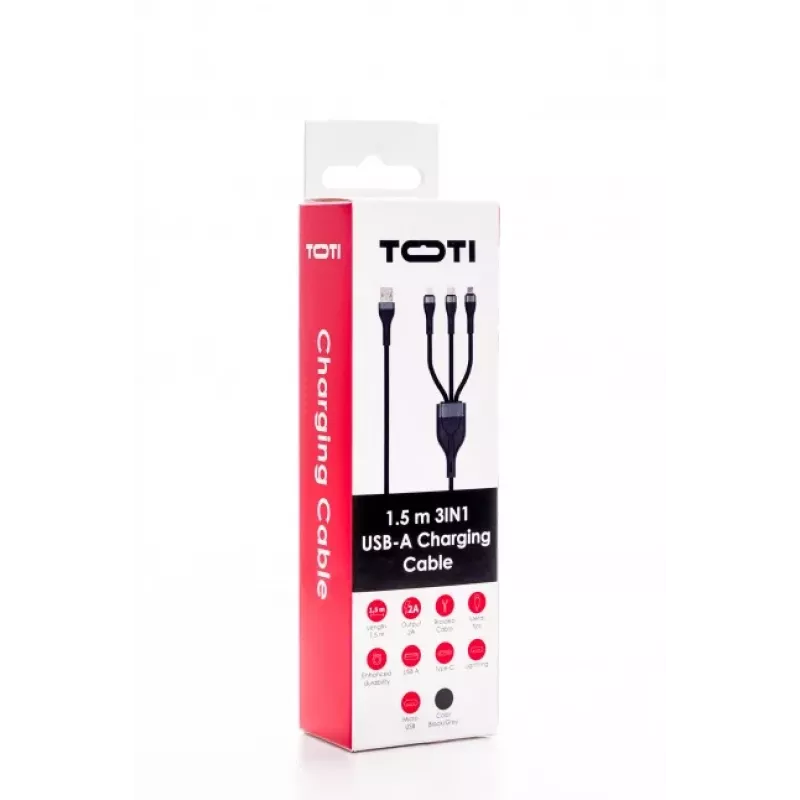 SEEK TOTI USB-A - Micro-USB / USB-C / Lightning 1,5m punottu kaapeli 2A (Non-MFI) musta