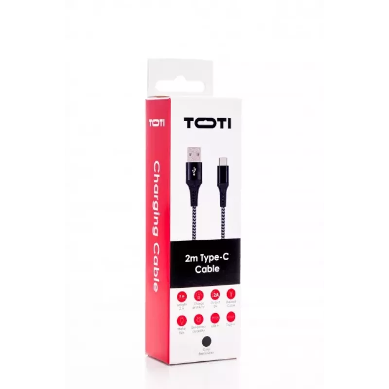 SEEK TOTI USB-A - USB-C 2m punottu kaapeli 2A, musta/Space Grey