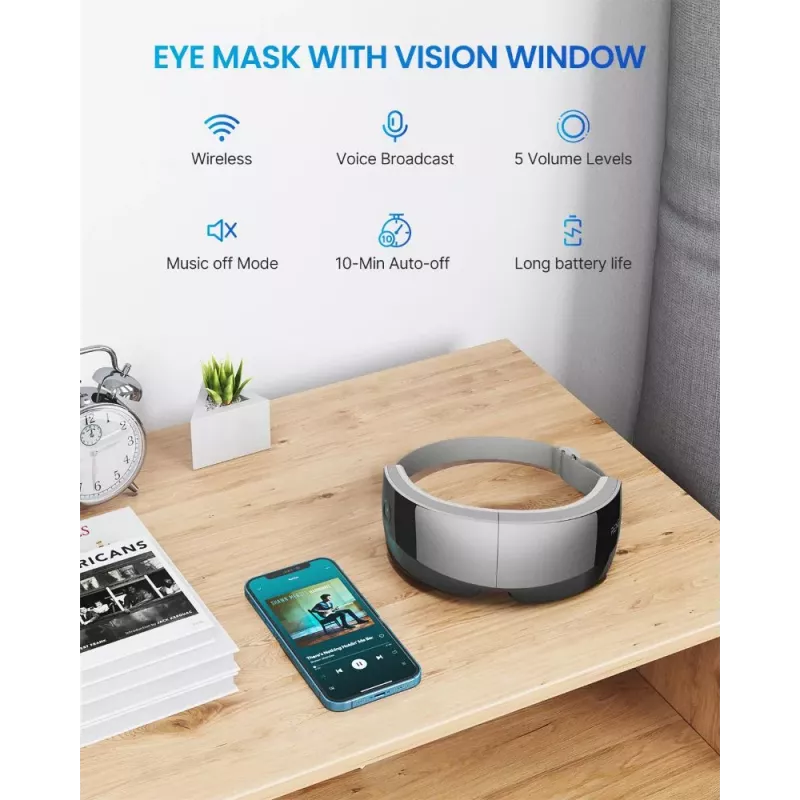 RENPHO Eyeris View silmähierontalaite lämmöllä, puristuksella, värinällä, Bluetooth, USB-C, taitettava, harmaa