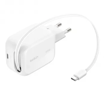 Belkin UltraCharge 45W Dual GaN sisäänvedettävä USB-C-laturi valkoinen