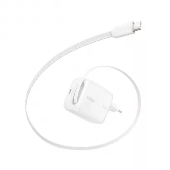 Belkin BOOST CHARGE Pro 67W Dual GaN seinälaturi sisäänvedettävällä USB-C-kaapelilla, valkoinen