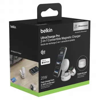 Belkin UltraCharge 25W Qi2 Magnetic 2-in-1 langaton latausalusta hiekka