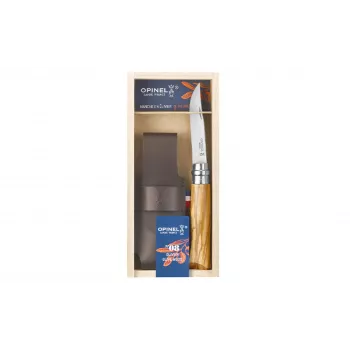 OPINEL No. 08 oliivipuu taittoveitsi nahkatupella lahjarasiassa