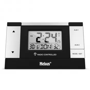 MEBUS 51059 digitaalinen herätyskello - musta/hopea - LCD-näyttö - 12/24 h - akku - Micro-USB