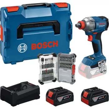 BOSCH PowerTools akkuiskuruuvinväännin -sarja GDX 18V 285 Nm, 2 akkua 5,0 Ah ja 31-osainen teräsarja, L-BOXX-laukussa