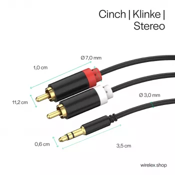 ShiverPeaks audio 3,5 mm:n jakki - 2x RCA stereo audiokaapeli 1,5 m kullattu musta
