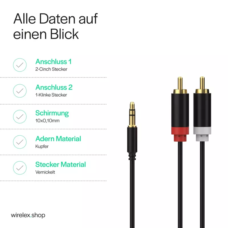 ShiverPeaks audio 3,5 mm:n jakki - 2x RCA stereo audiokaapeli 1,5 m kullattu musta
