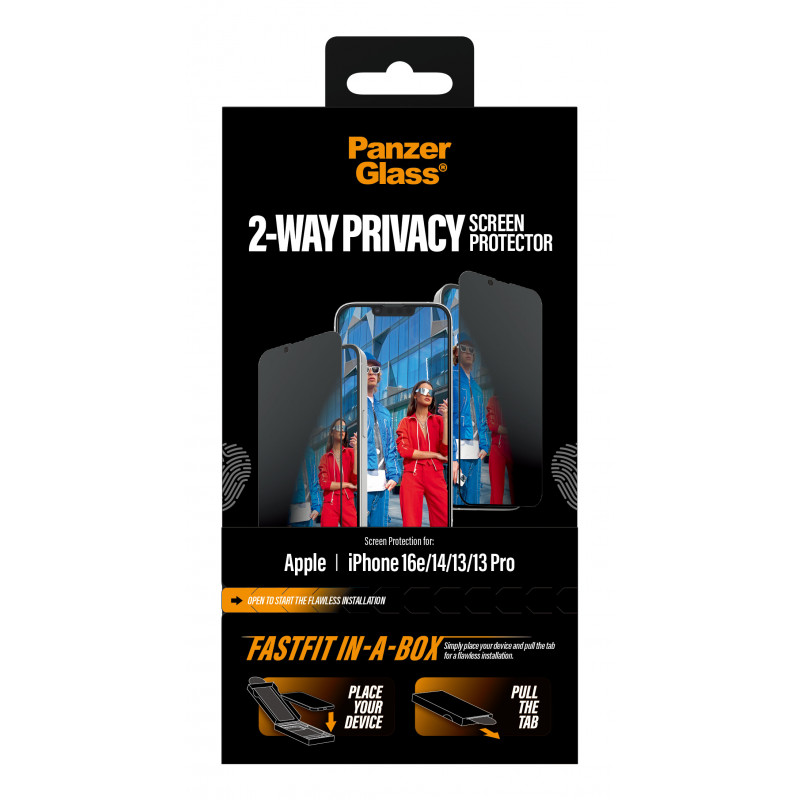 PanzerGlass 2-Way Privacy -näytönsuojakalvo iPhone 17e/16e/14/13/13 Pro, Ultra-Wide Fit FastFit In-A-Box (PG02105)