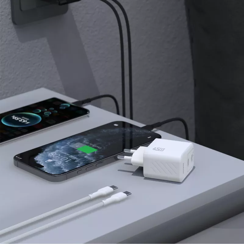 Dudao A28PCEU 45W GaN USB-C -laturi 1 m USB-C-kaapelilla - valkoinen