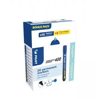 Pilot 400 pysyvä tussi sininen 1,0-4,0 mm kiilakärki, 20 tussia (15+5 ilmaista)