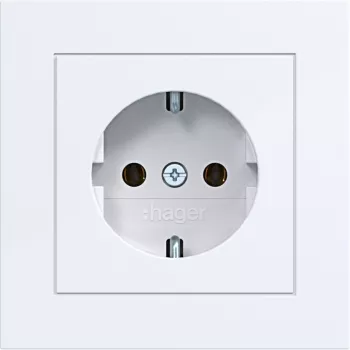 Hager WAS1120WG SCHUKO-pistorasia kippikannella, A.1 design-linja, vaalea valkoinen kiiltävä, IP44, 16A, 250V, ruuvittomat liittimet