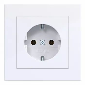 Hager WAS1120WG SCHUKO-pistorasia kippikannella, A.1 design-linja, vaalea valkoinen kiiltävä, IP44, 16A, 250V, ruuvittomat liittimet