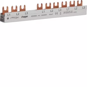 Hager KDN363J 3-napainen vaihekisko haaraliitännällä 10mm² 63A 10 moduulia
