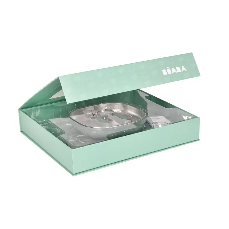 Beaba First Meals 3-in-1 lahjasetti (lautanen, aterinsarja, ruokalappu) Sage Green