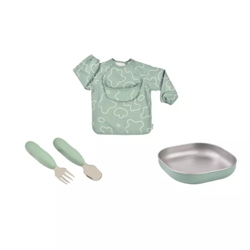 Beaba First Meals 3-in-1 lahjasetti (lautanen, aterinsarja, ruokalappu) Sage Green