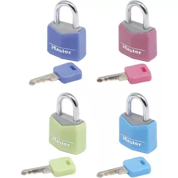 Master Lock 9120EURQCOLNOP 20 mm umpialumiinilukko avaimella 4 kpl:n pakkaus eri värejä sininen vihreä pinkki violetti
