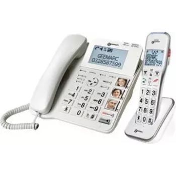 Geemarc DECT595 COMBI lankapuhelin seniorikäyttöön vastaajalla, kaiuttimella, optisella soittoäänen merkkivalolla, kuulokojeiden kanssa yhteensopiva, sisältää hätälähettimen (DECT595_COMBI_WH_VDE)