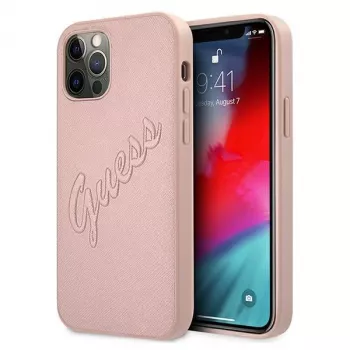 Guess GUHCP12LRSAVSRG Saffiano Vintage Script kova kotelo Apple iPhone 12 Pro Max, pinkki