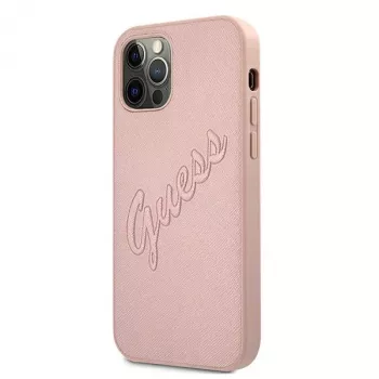 Guess GUHCP12LRSAVSRG Saffiano Vintage Script kova kotelo Apple iPhone 12 Pro Max, pinkki