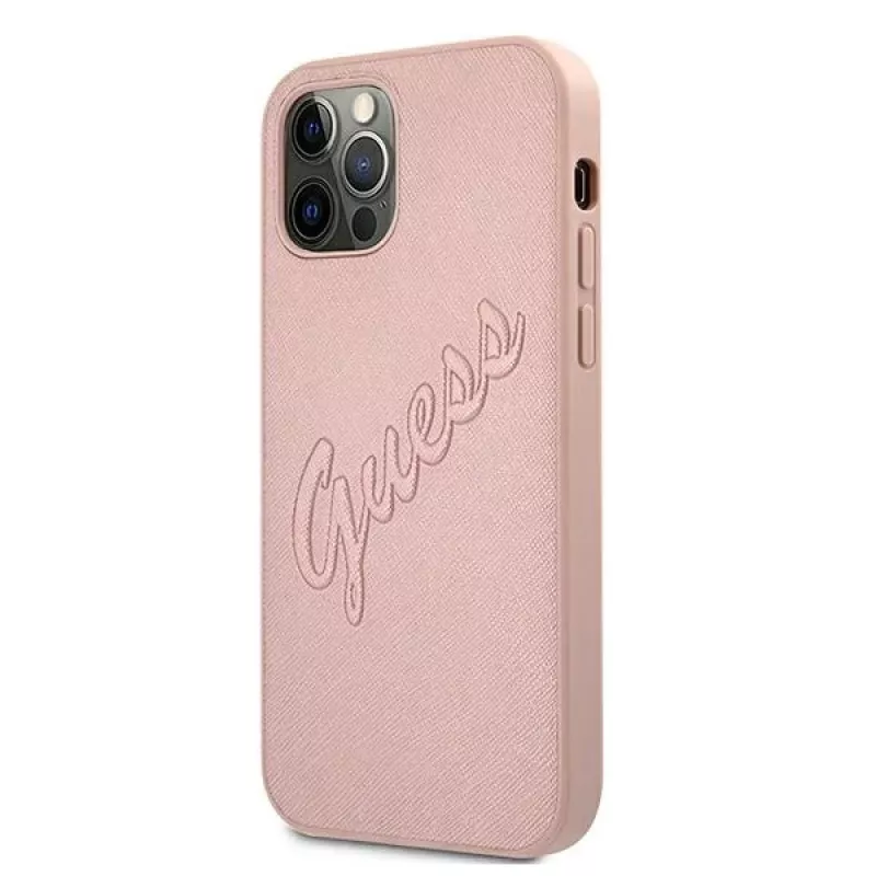 Guess GUHCP12LRSAVSRG Saffiano Vintage Script kova kotelo Apple iPhone 12 Pro Max, pinkki