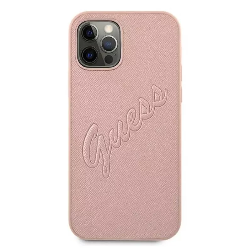 Guess GUHCP12LRSAVSRG Saffiano Vintage Script kova kotelo Apple iPhone 12 Pro Max, pinkki