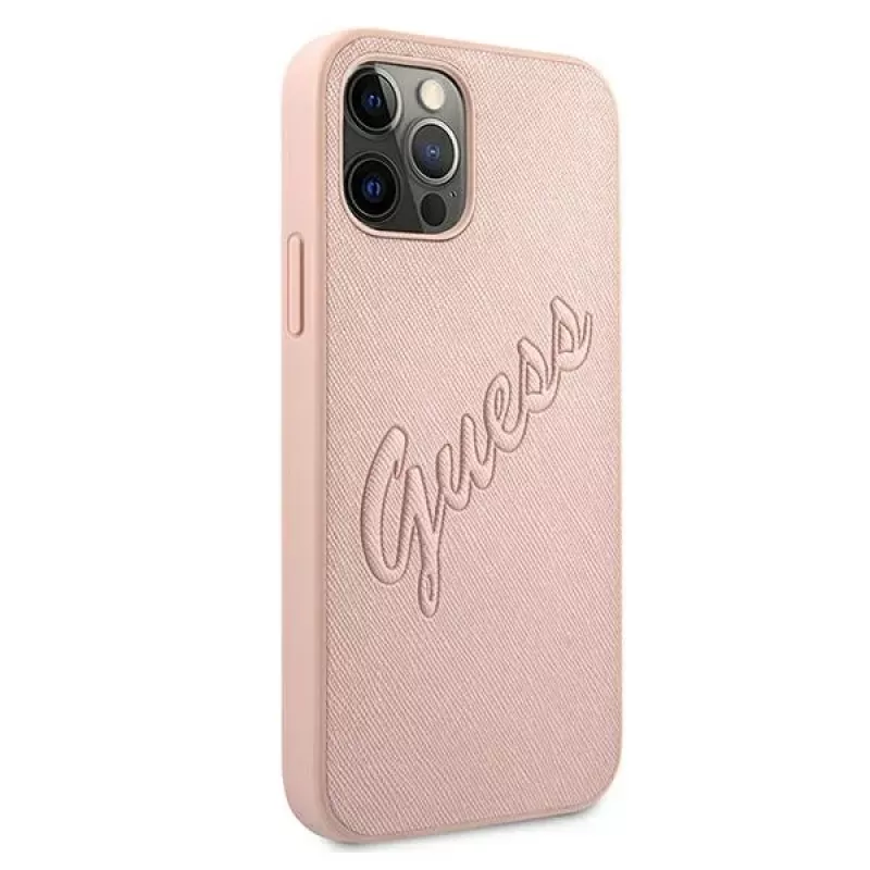 Guess GUHCP12LRSAVSRG Saffiano Vintage Script kova kotelo Apple iPhone 12 Pro Max, pinkki