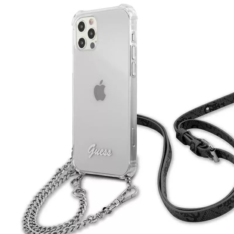 Guess GUHCP12LKC4GSSI iPhone 12 Pro Max 6,7 inch läpinäkyvä kova kotelo hopeaketjulla - 4G-kokoelma