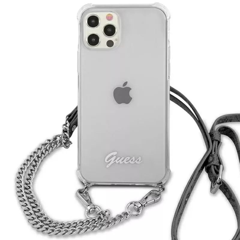 Guess GUHCP12LKC4GSSI iPhone 12 Pro Max 6,7 inch läpinäkyvä kova kotelo hopeaketjulla - 4G-kokoelma