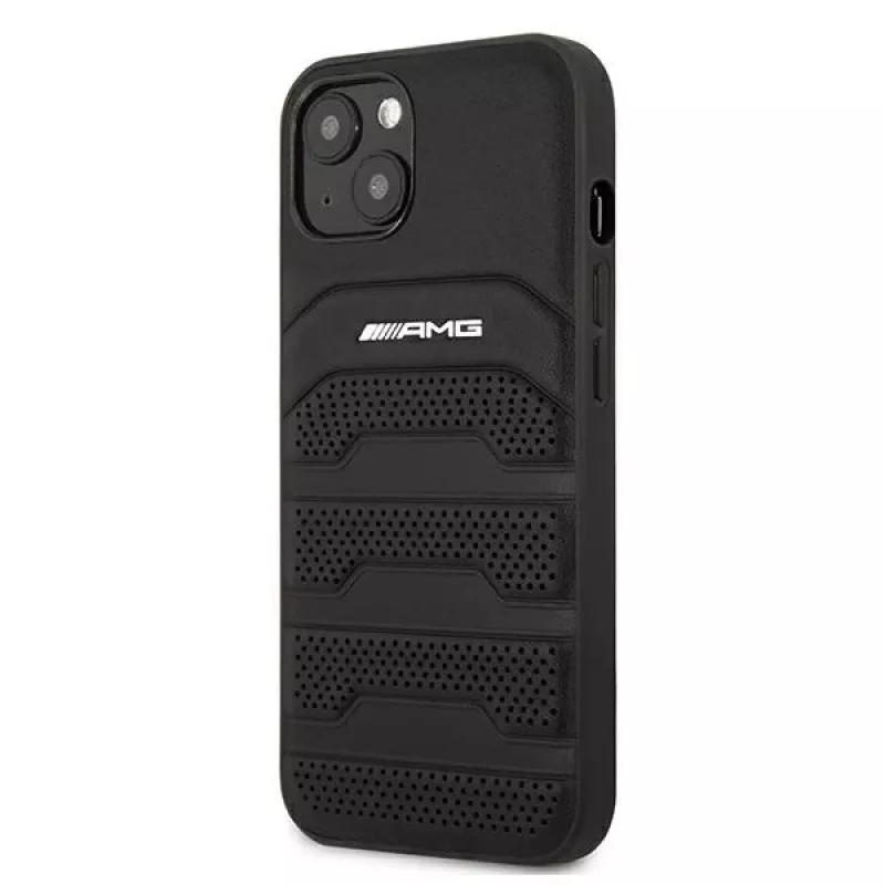 AMG AMHCP13SGSEBK iPhone 13 Mini 5,4 inch kova kotelo nahka musta kohokuvioidut linjat