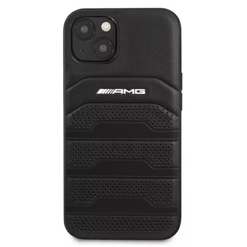 AMG AMHCP13SGSEBK iPhone 13 Mini 5,4 inch kova kotelo nahka musta kohokuvioidut linjat