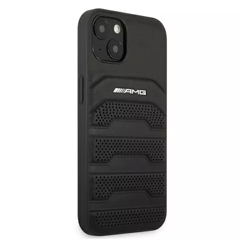 AMG AMHCP13SGSEBK iPhone 13 Mini 5,4 inch kova kotelo nahka musta kohokuvioidut linjat
