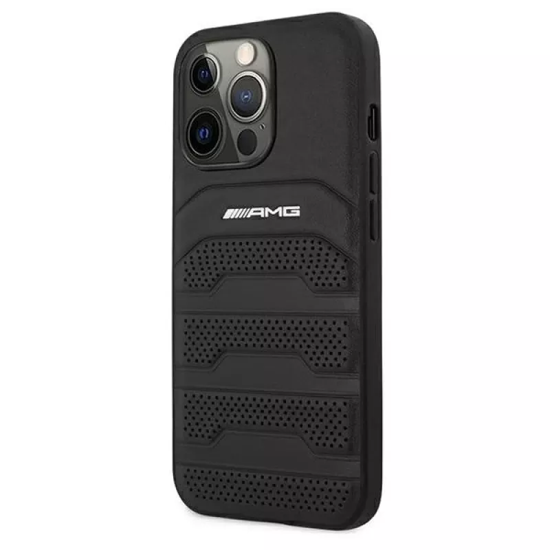AMG AMHCP13LGSEBK iPhone 13 Pro / 13 6.1 musta kova kotelo nahka Debossed Lines