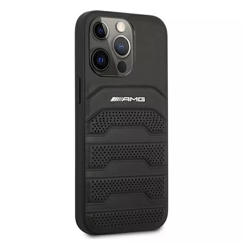 AMG AMHCP13LGSEBK iPhone 13 Pro / 13 6.1 musta kova kotelo nahka Debossed Lines