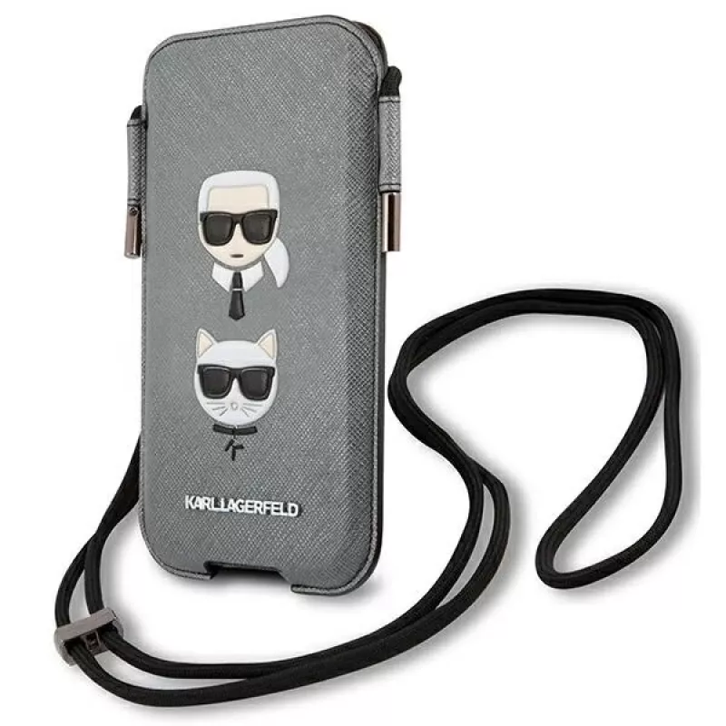Karl Lagerfeld Ikonik kova kotelo Apple iPhone 12 Pro Max, harmaa Saffiano PU, Karl & Choupette Head -kuvio